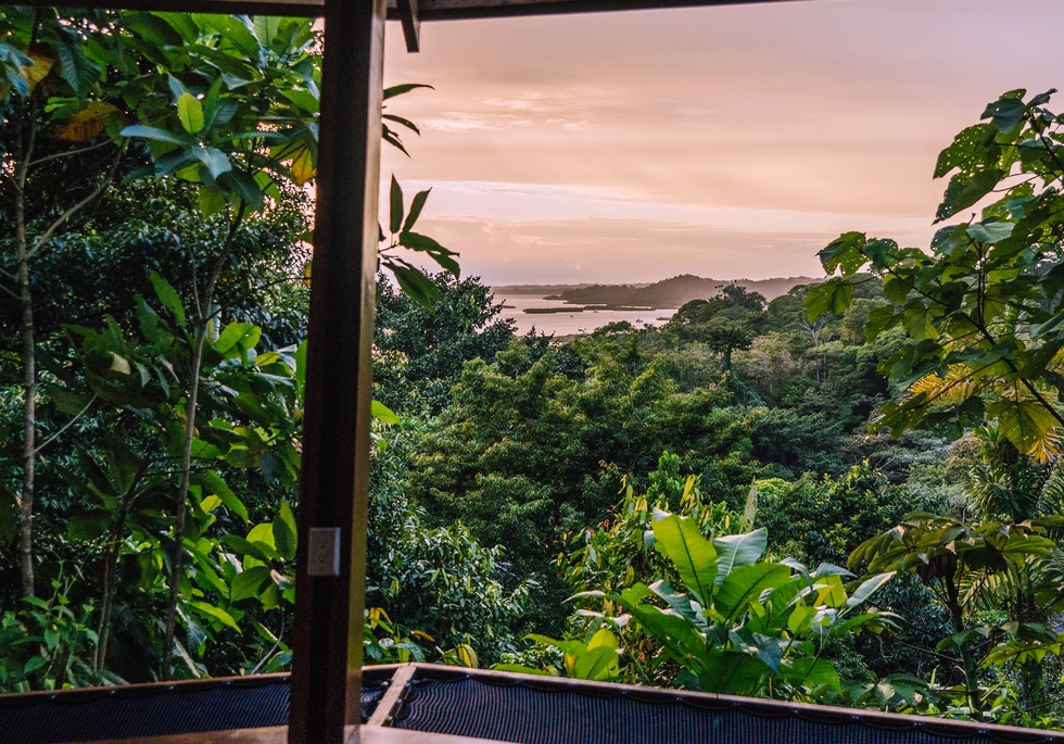 Rainforest Queen Bungalow sunset view overlooking Bahia Honda Bay rainforest