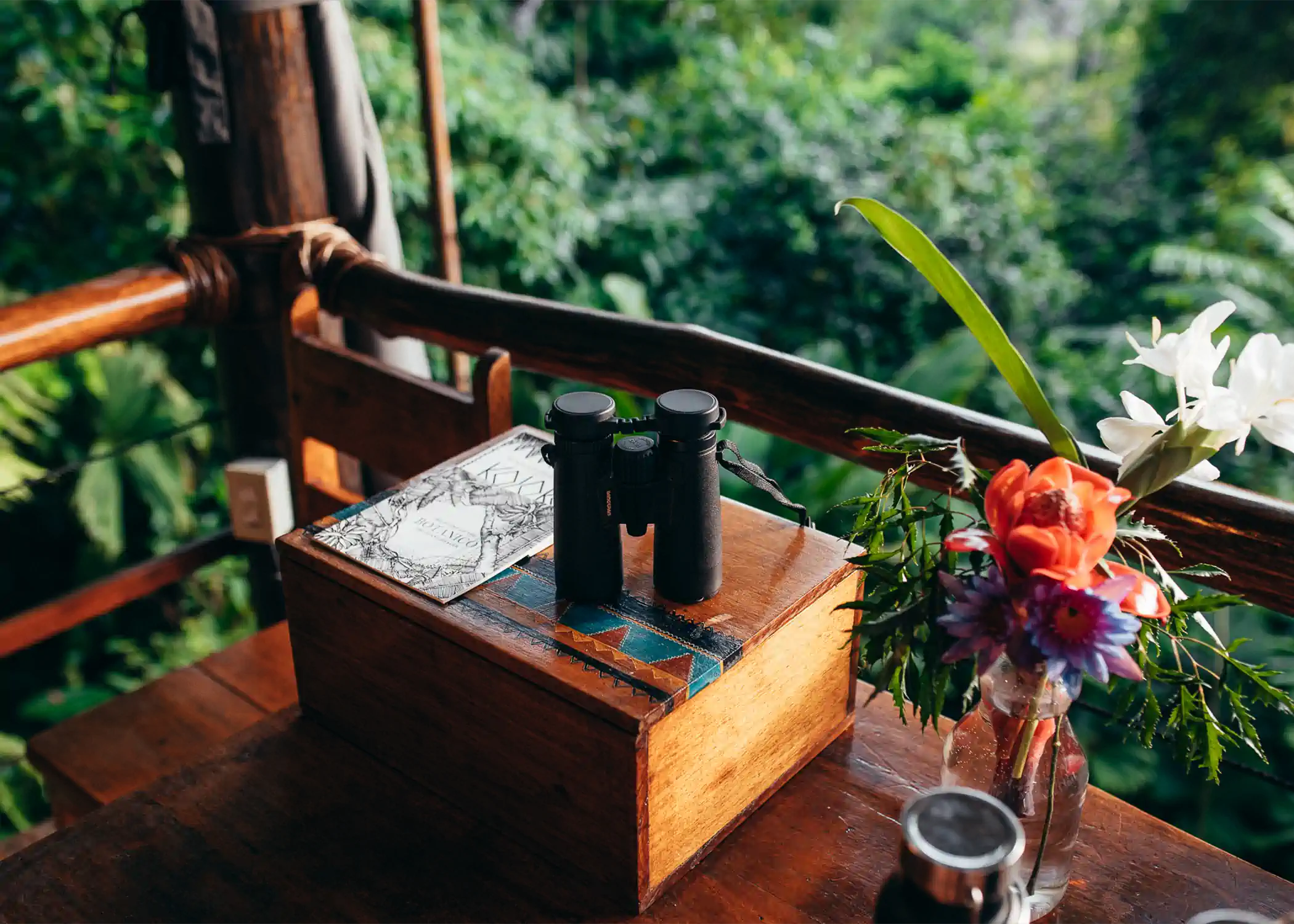 Private wooden deck with binoculars overlooking Bocas del Toro jungle wildlife