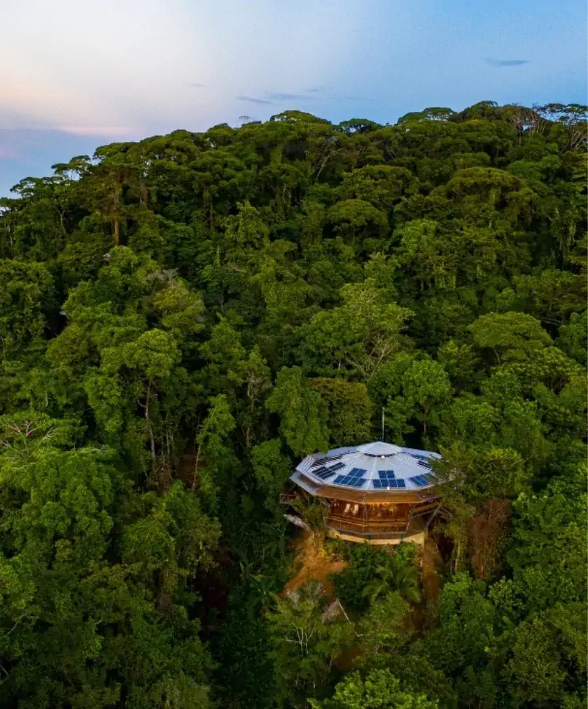 Aerial view sustainable treetop bungalow La Loma jungle lodge Panama