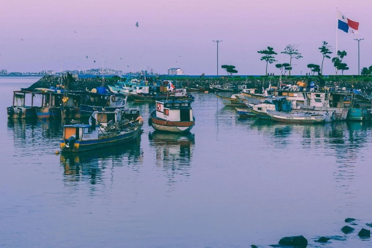 A cluster of worn fishing boats moored in a calm harbour at dusk, with a lavender and pink sky reflecting on the still water, seabirds in flight, and the Panamanian flag flying on a pole along the waterfront promenade.