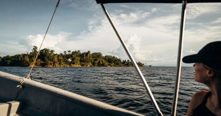 Boat approaching Isla Bastimentos from Bocas Town in Bocas del Toro, Panama
