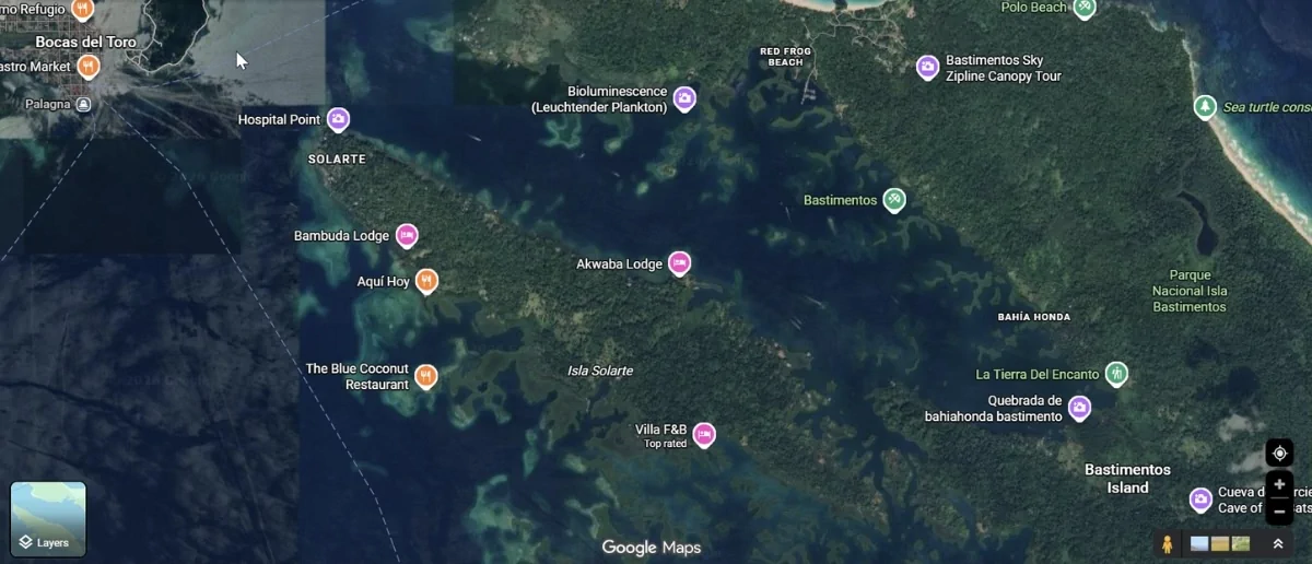 Map showing Isla Bastimentos, Bahia Honda, and surrounding islands in Bocas del Toro.