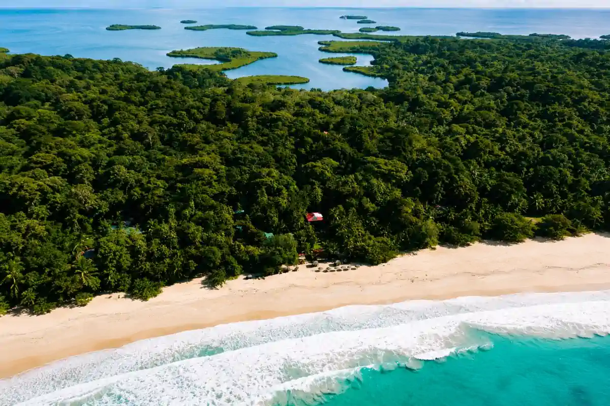 Aerial view of the north shore beaches on Isla Bastimentos, Panama.
