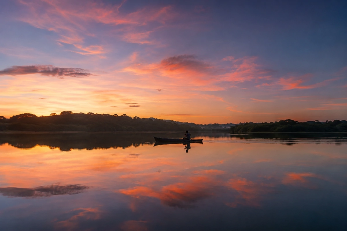 Boat on Bahia Honda at sunset before a bioluminescence tour in Bocas del Toro, Panama